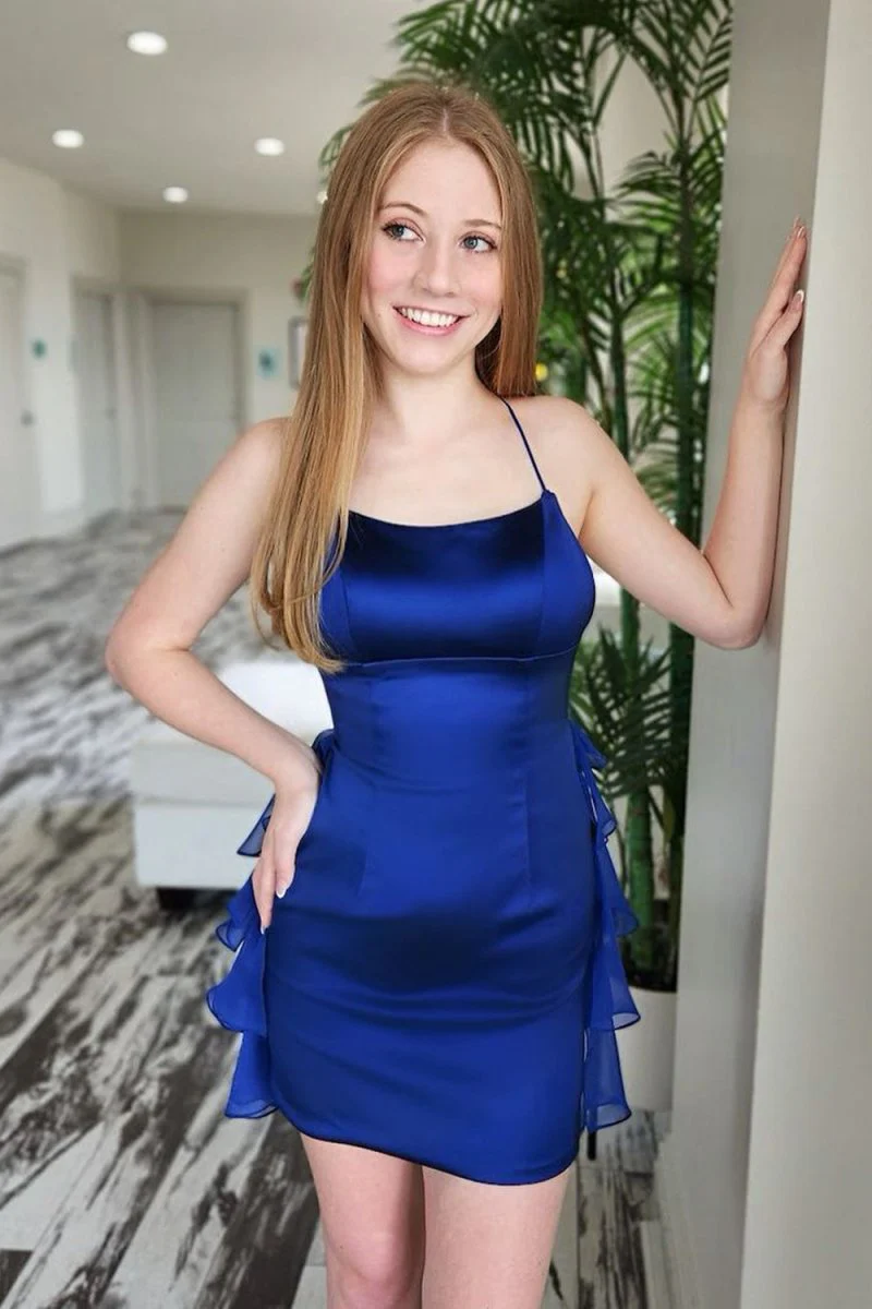 Royal Blue - Scoop Neck Satin Ruffle Short Homecoming Dress