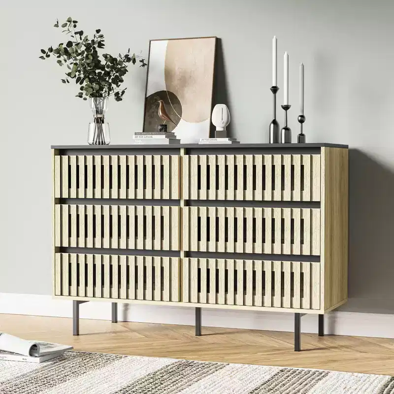 Okak Minimalist Fluted Dresser with 6 Drawers, Modern Clothes Storage Cabinet Two-tone Design Large Capacity for Bedroom Hallway Living Room