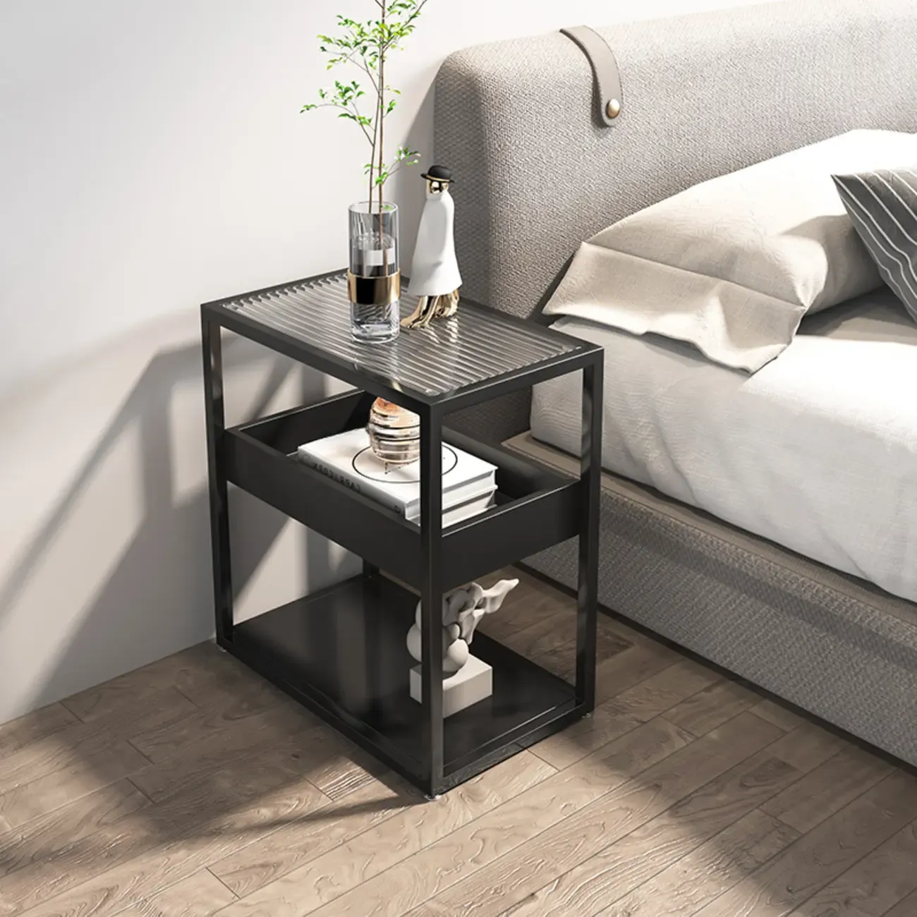 3-Tier Black Metal Frame Glass Top Side Table with Storage