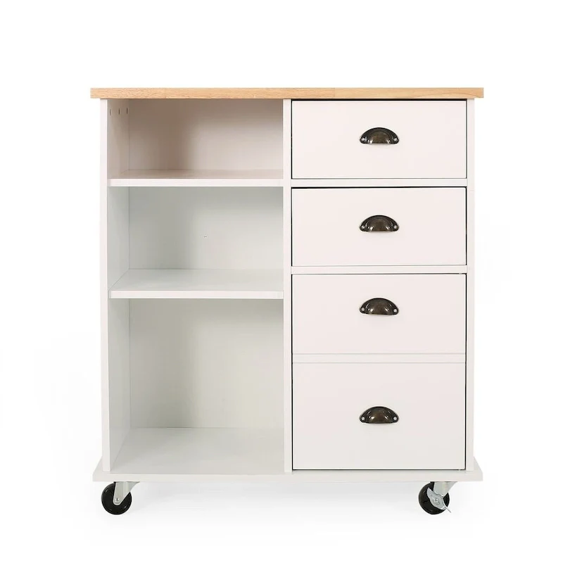 Contemporary Wood Kitchen Cart with Wheels Drawers and Cabinet by