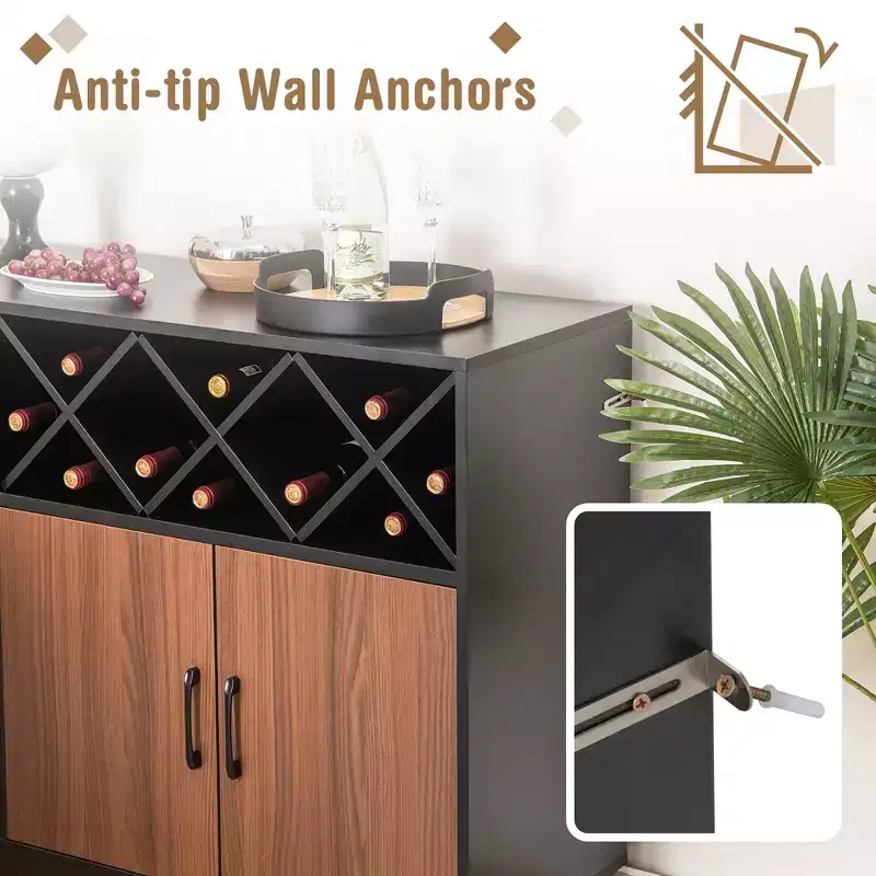 Industrial Wine Bar Cabinet Sideboard Buffet with Glass Holder & Adjustable Shelf, 45.5