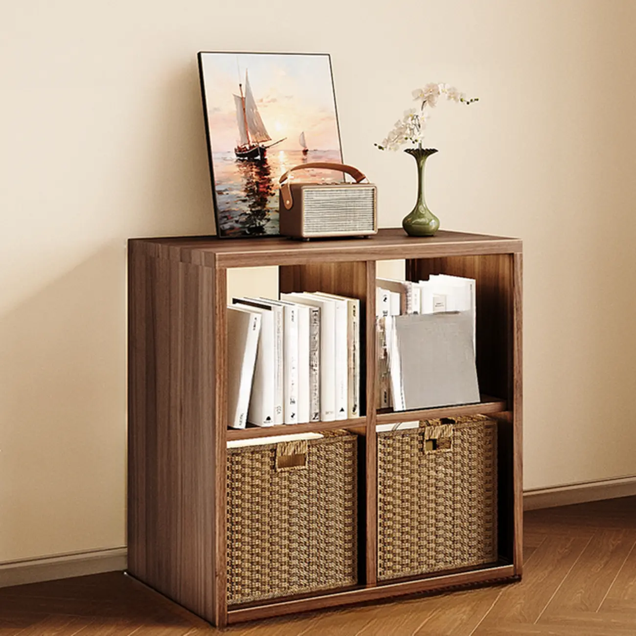 Modern Steel Cube Bookcase with Fabric Bins