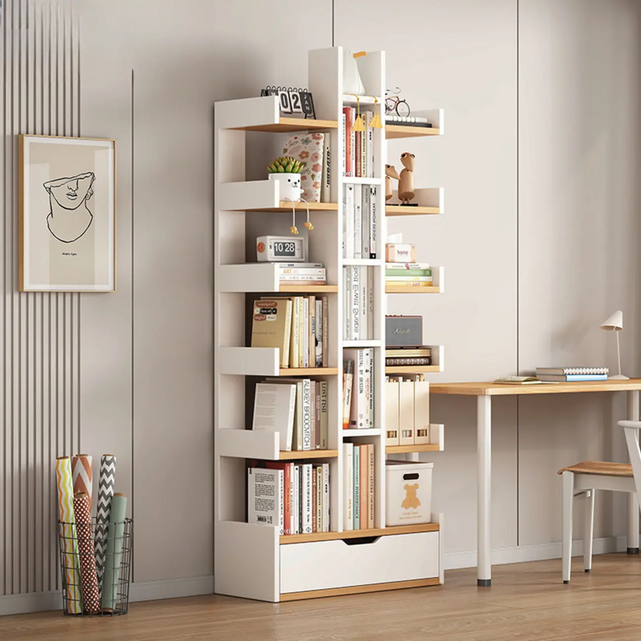 Modern Open Back 9 Shelves White Wooden Bookshelf