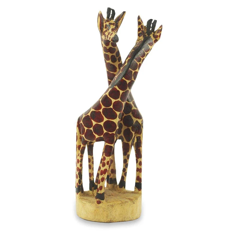 Handmade Giraffe Harmony (small) Teakwood sculpture (Ghana) - 25 x 13 x 10