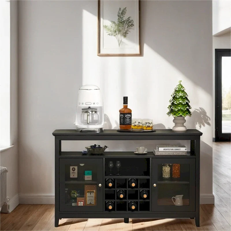 Black Wood Sideboard Buffet with Glass Doors, Wine Rack & Adjustable Shelves