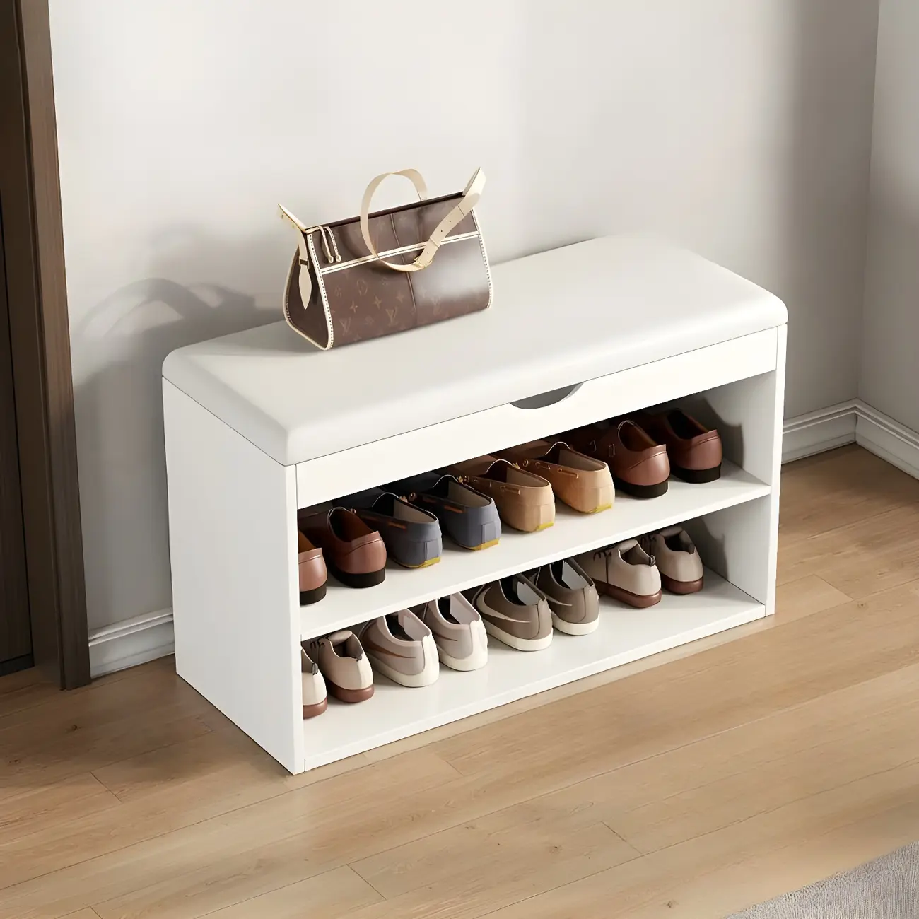 Solid Wood Shoe Storage Bench with Cushion Top & Open Shelf