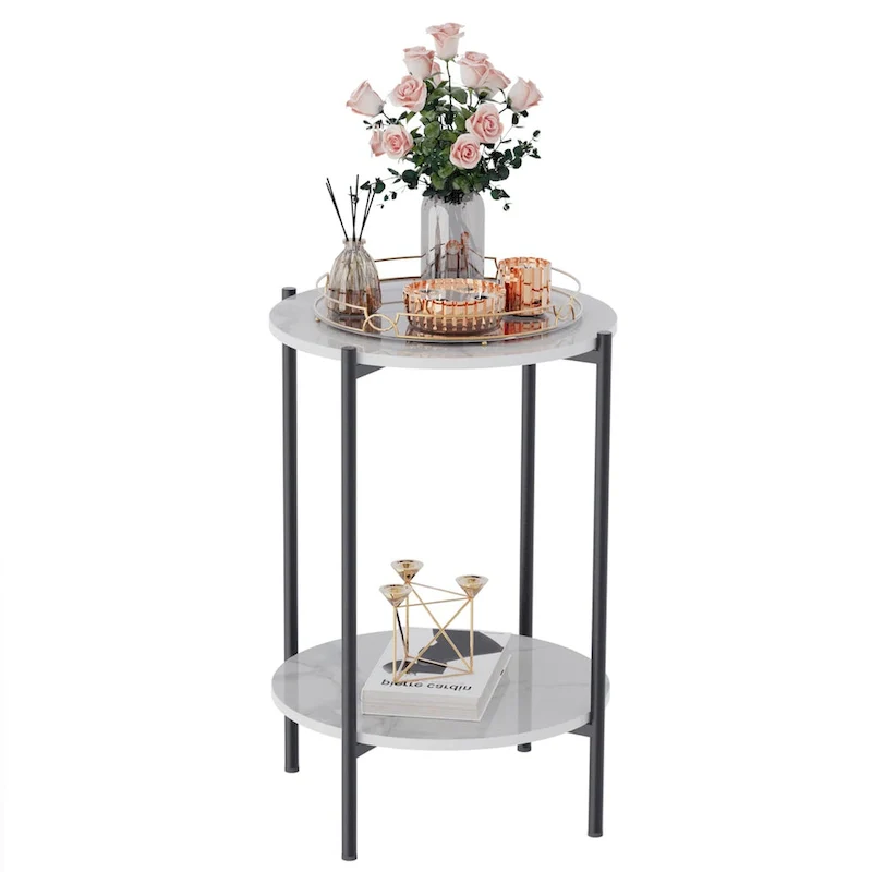 2-Tier Round Marble Side Table with Black Metal Frame