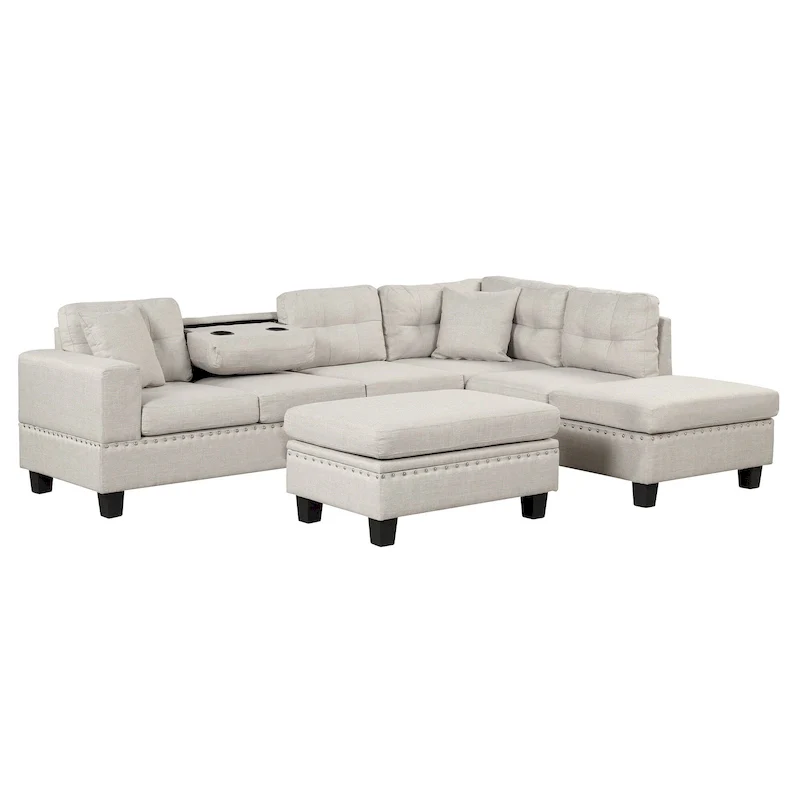 Grey 105 L-Shaped 7-Seat Modern Sectional Sofa with 2 Cushions, Reversible Chaise, Storage Ottoman, and Cup Holders