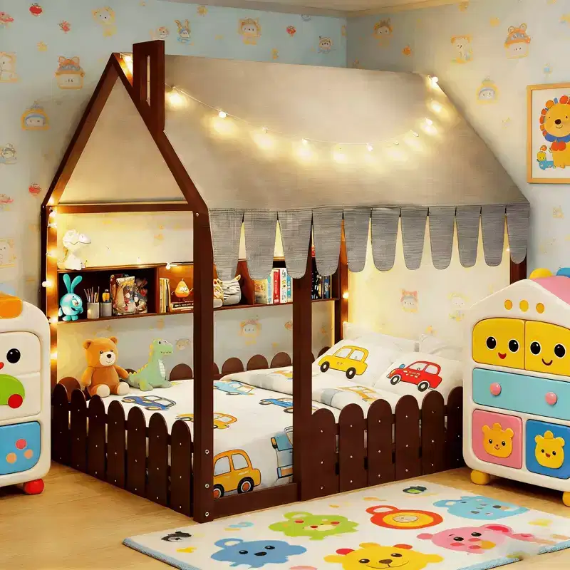 Luxystar Full Size House Shape Floor Bed With Lighted Canopy, Storage Shelves and Fence