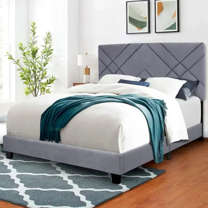 Queen Size Upholstered Headboard Adjustable Bed Frame Velvet Fabric