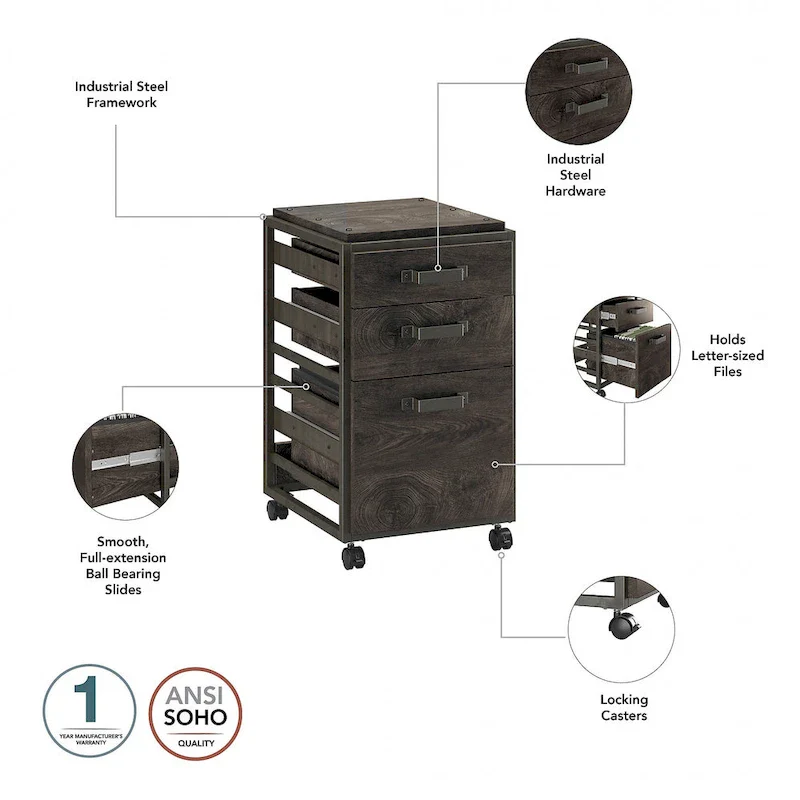 Refinery 3-drawer Mobile File Cabinet