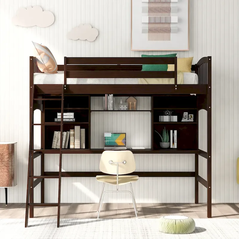 Twin size Loft Bed with Storage Shelves, Desk and Ladder