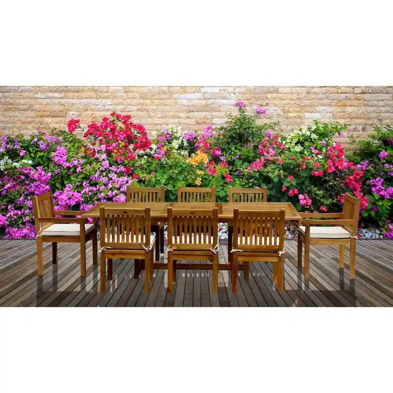 Chic Teak 9 Piece Rectangular Teak Wood Elzas Table/Chair Set With Cushions