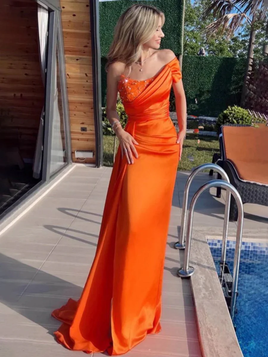 Orange Mermaid Pleated Satin Empire-Waist Long Prom Dress