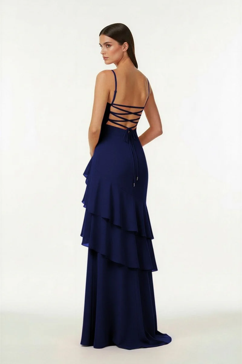 Red - Sheath Spaghetti Straps Chiffon Long Prom Dresses with Ruffles