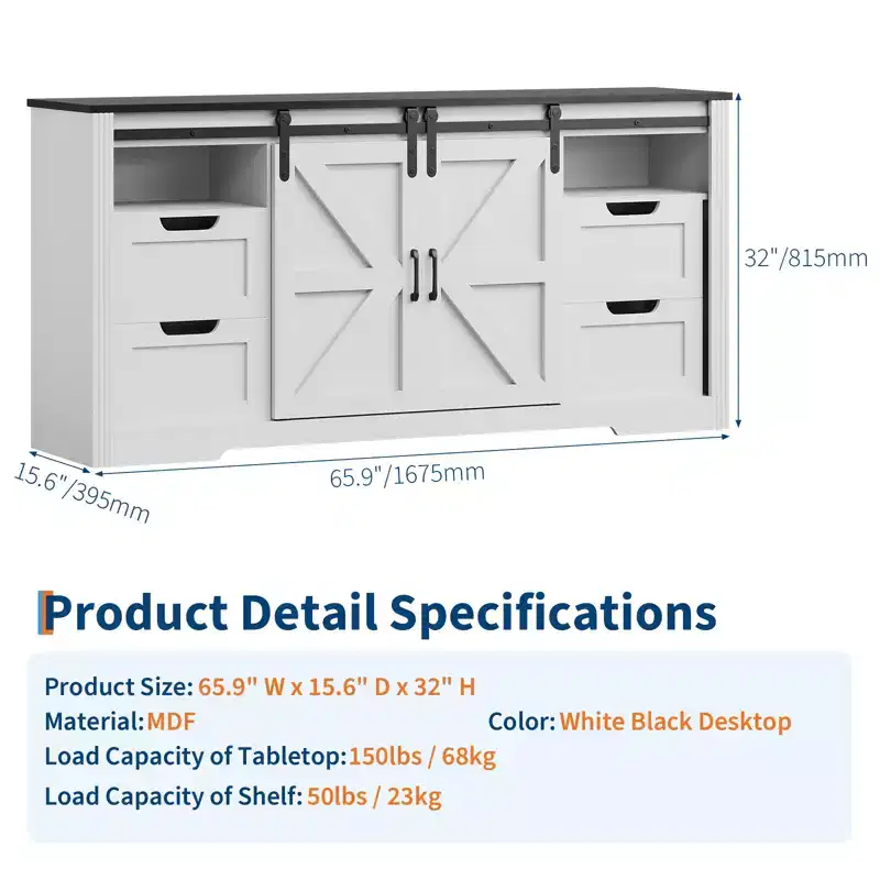 Farmhouse Entertainment Center TV Stand, Sliding Barn Doors, 4 Drawers, Adjustable Shelf, for Living Room, Bedroom
