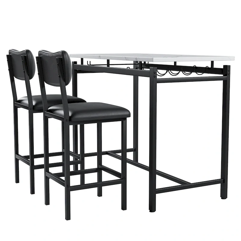 White Marble-Top Bar Table Set with 2 Stools, 2-Person