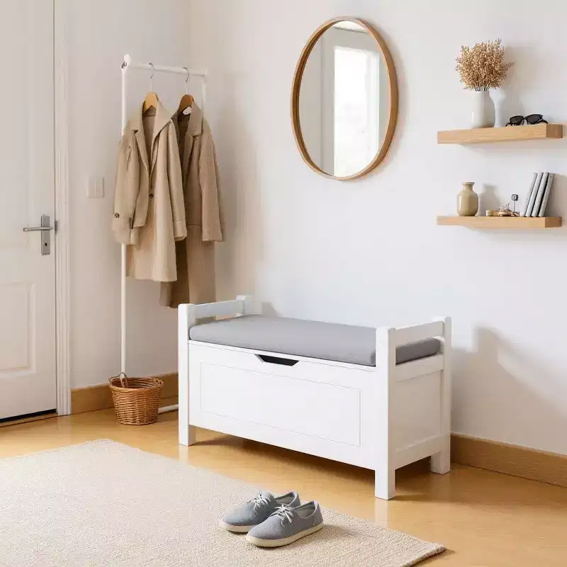 Homy Casa Entryway Storage Bench with Cushioned Seat & Side Handles, White, Gray