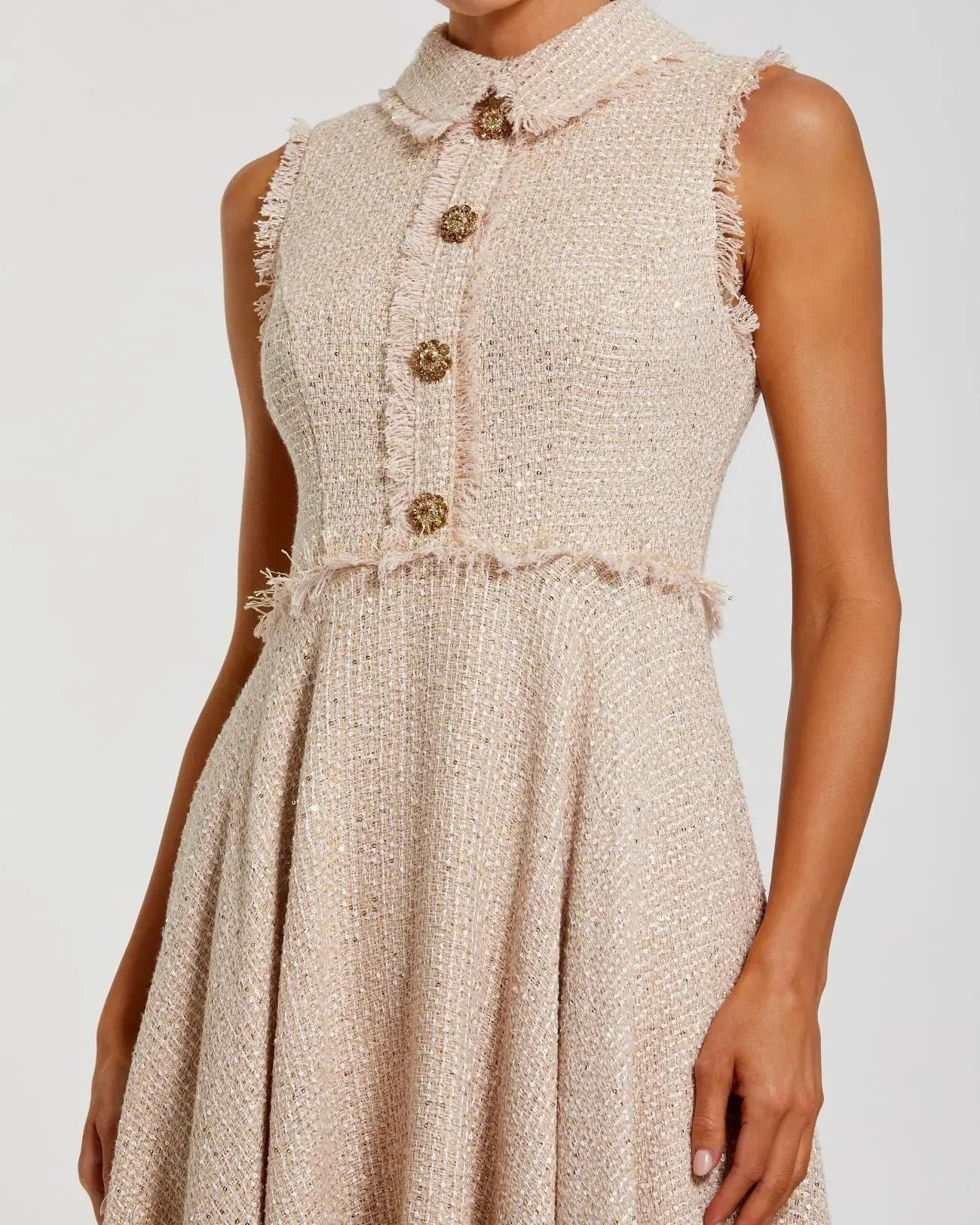 Pink Boucle Sleeveless Collared Button Up Midi Dress