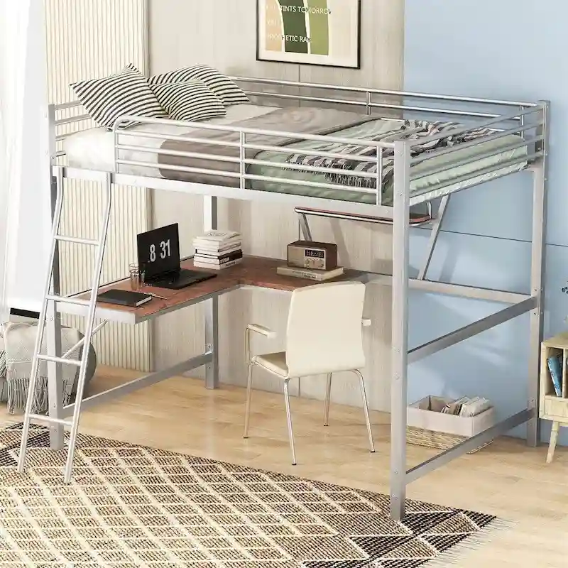 Merax Metal Loft Bed with L-shaped Desk and Shelf