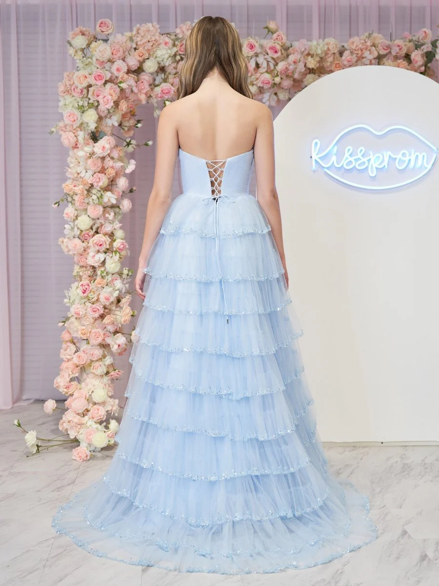 Sky Blue Strapless Layered Tulle Prom Dress with Sequins
