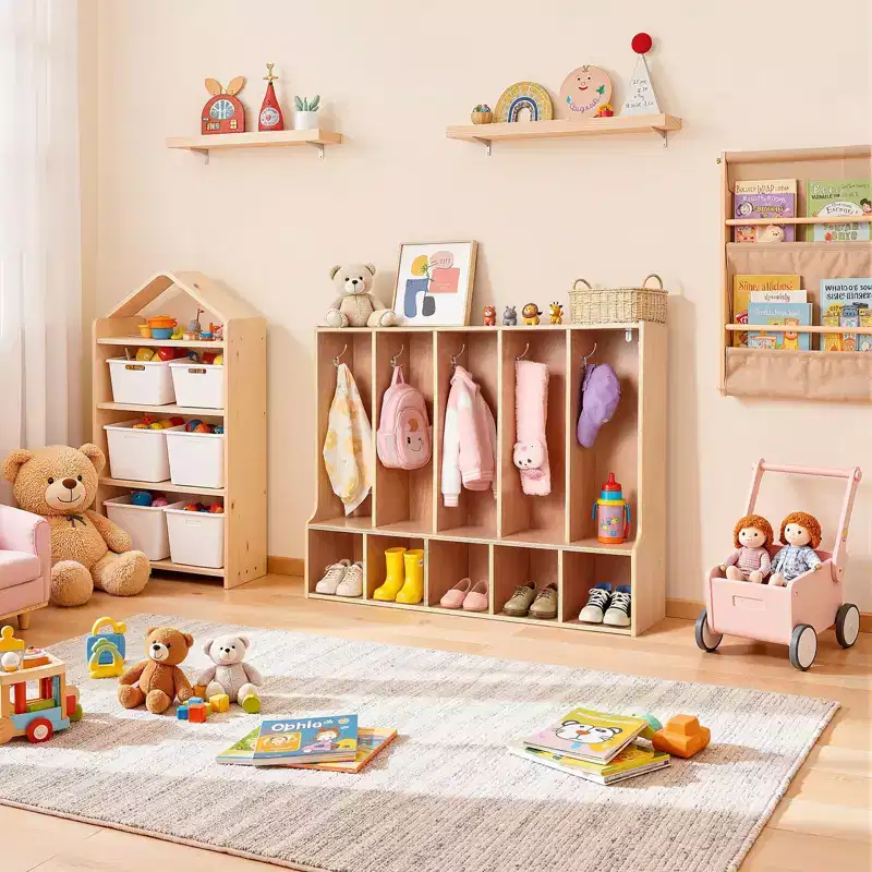 VEVOR 5-Section Kids Coat Locker, Wooden Toddler Cubby Storage Organizer with 10 Hooks & Non-Slip Mat & 5 Small Open Storage Boxes, Wood Color