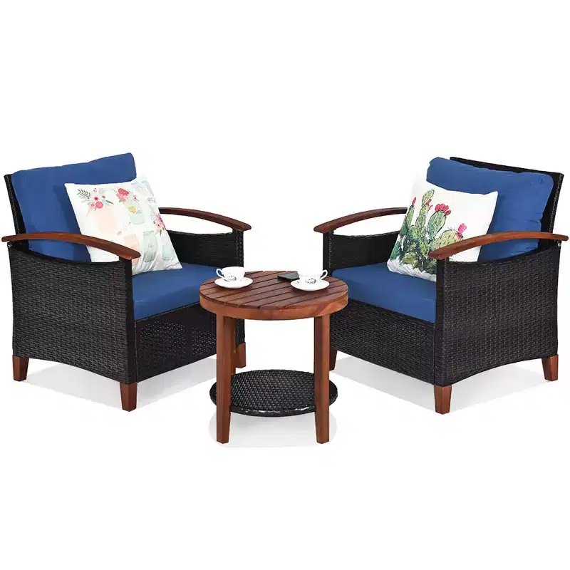 Costway 3PCS Patio Rattan Furniture Set Wooden Frame Cushion Table Shelf Red\Beige\Blue