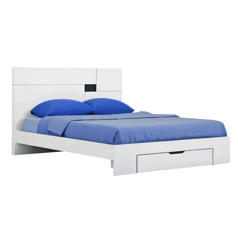 White Wood King Platform Bed Frame With Storage Drawer