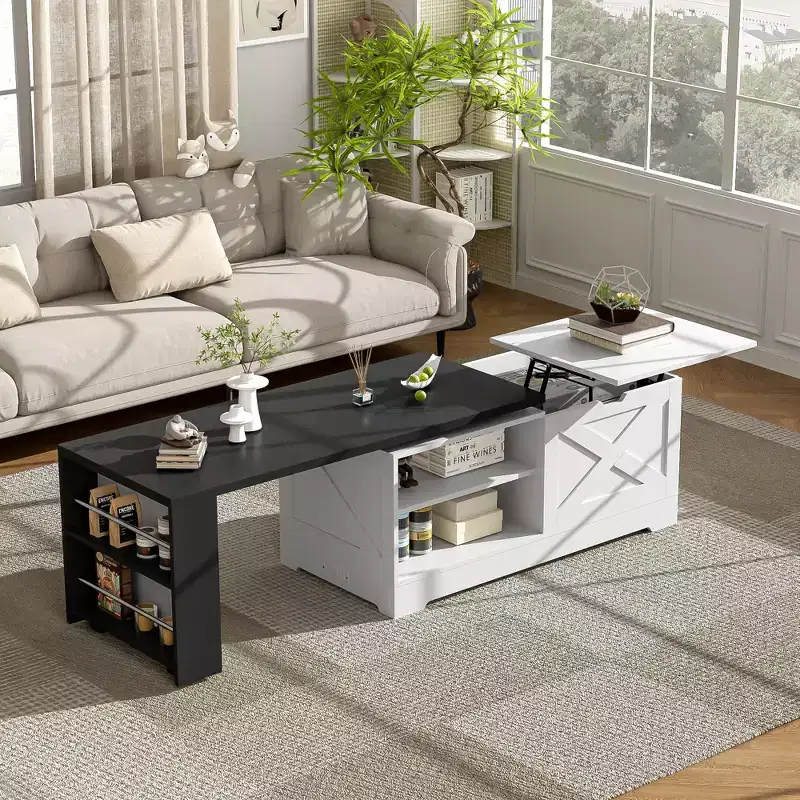 JVNOXK Farmhouse-style lift coffee table with barn doors, featuring large hidden storage and open shelving, suitable for living room, bedroom,office