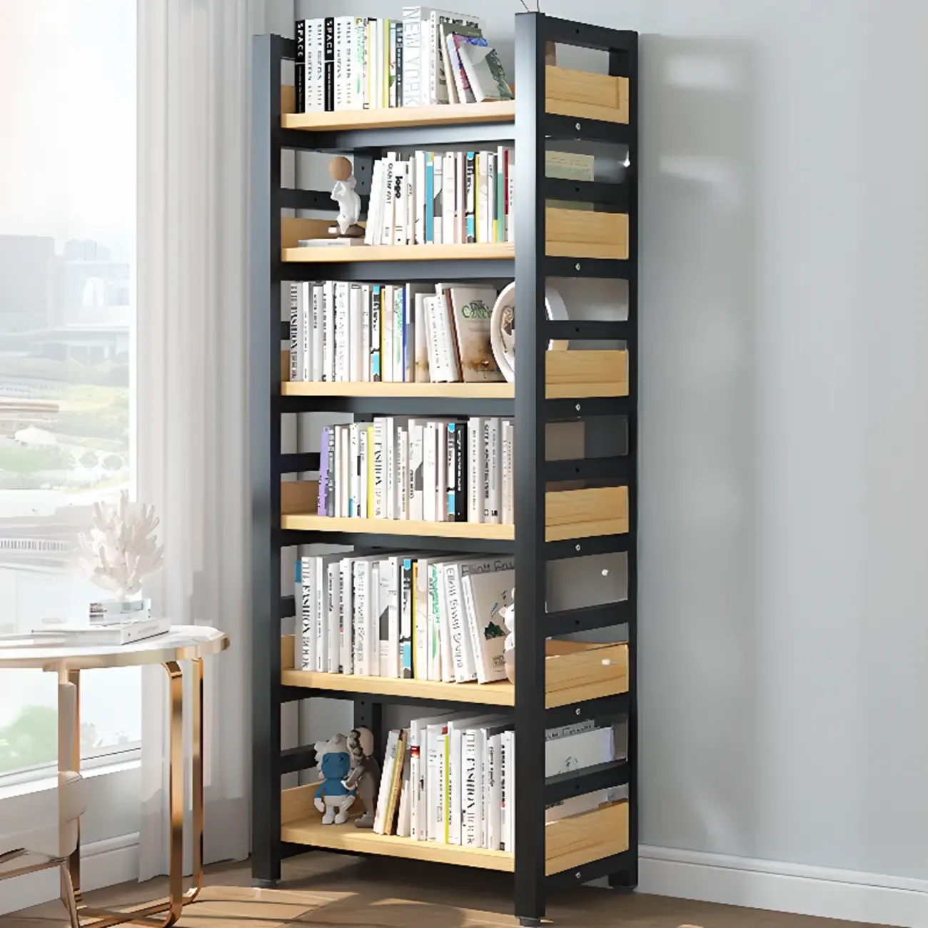 Freestanding Simple Multi-Layer Wood Bookshelf in Steel Frame