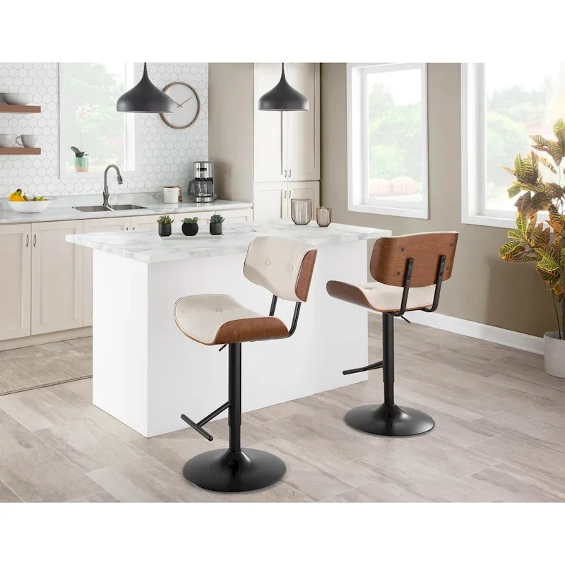 Adjustable Swivel Bar Stool, Noise Fabric/Faux Leather, Walnut/Black Metal, Set of 2