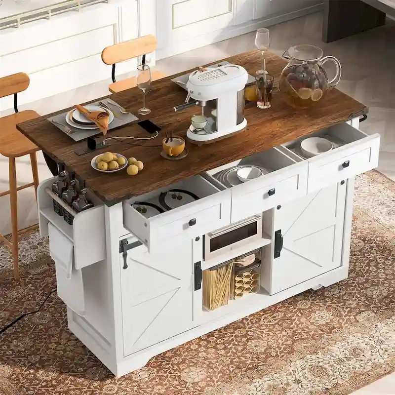 Kitchen Island with Power Outlet and Drop Leaf tabletop