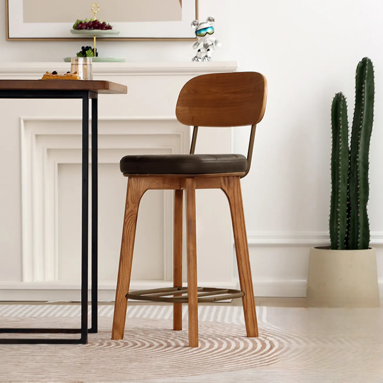 Wooden Square Leather Upholstered Bar Stool with Backrest