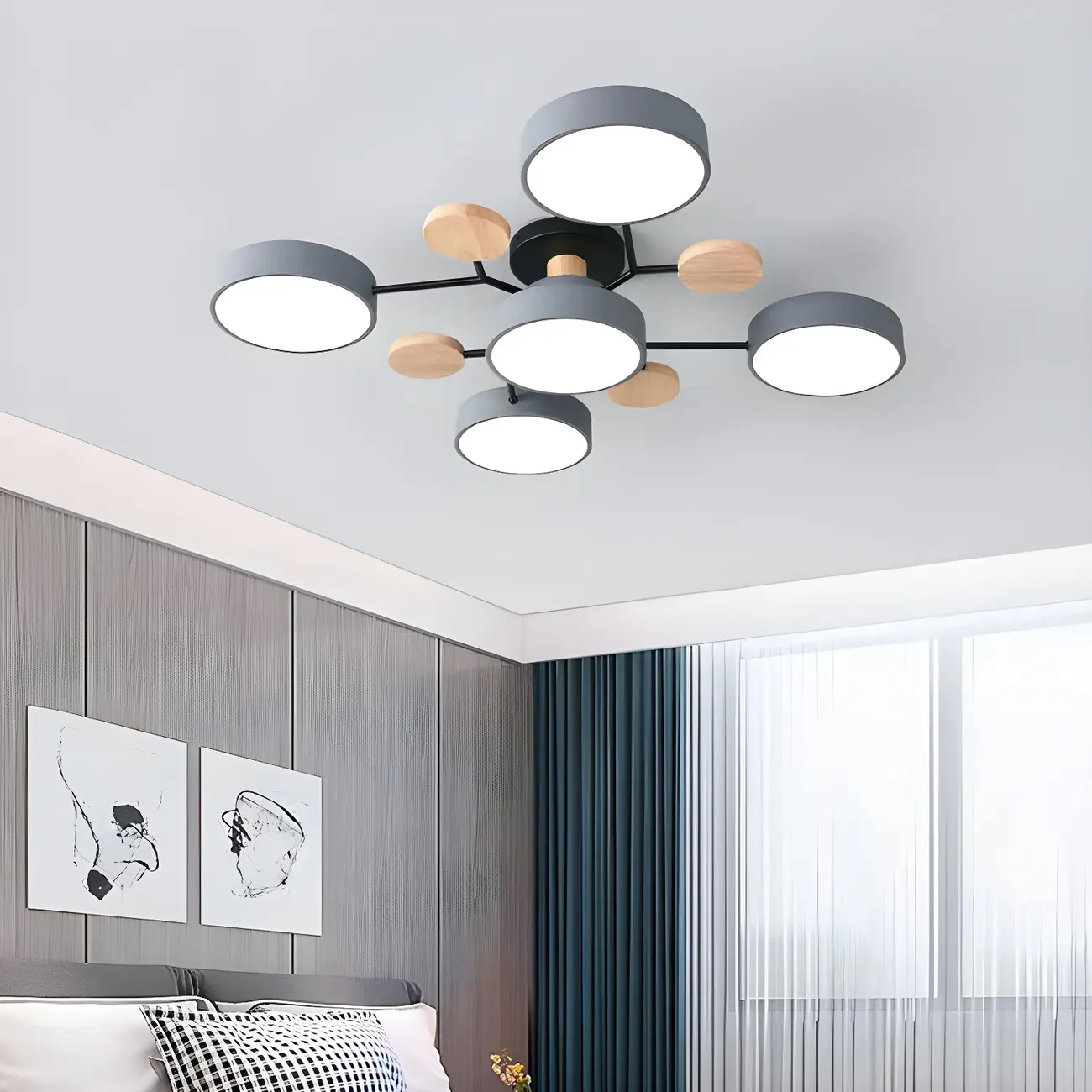 Large Gray Round Metal Semi-Flush Ceiling Light, 7-Light