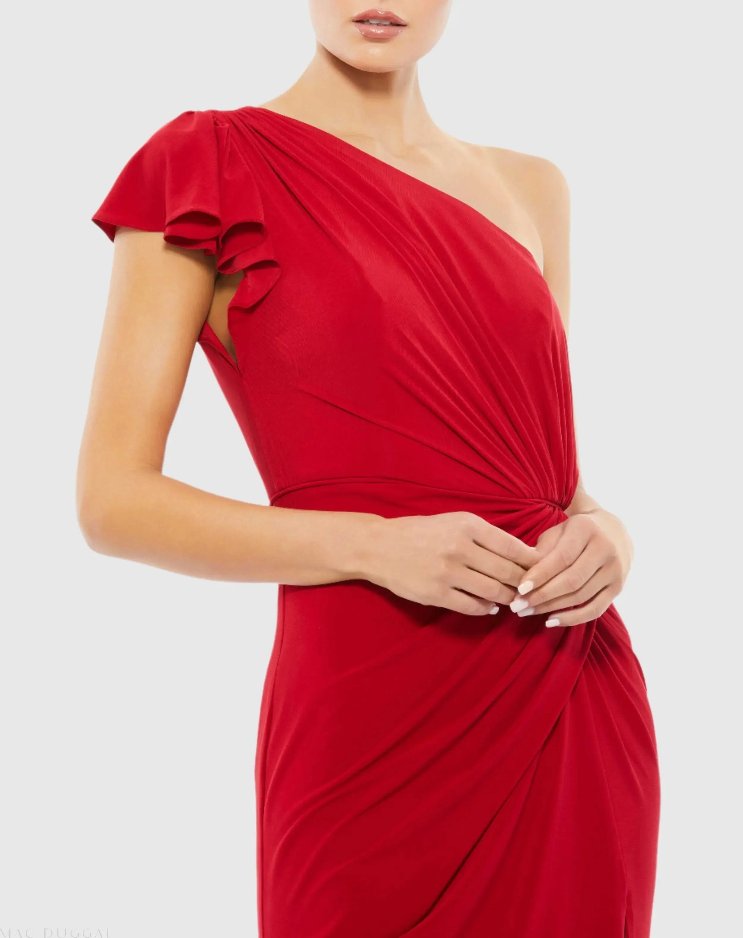 Red Ruffled One Shoulder Draped Gown