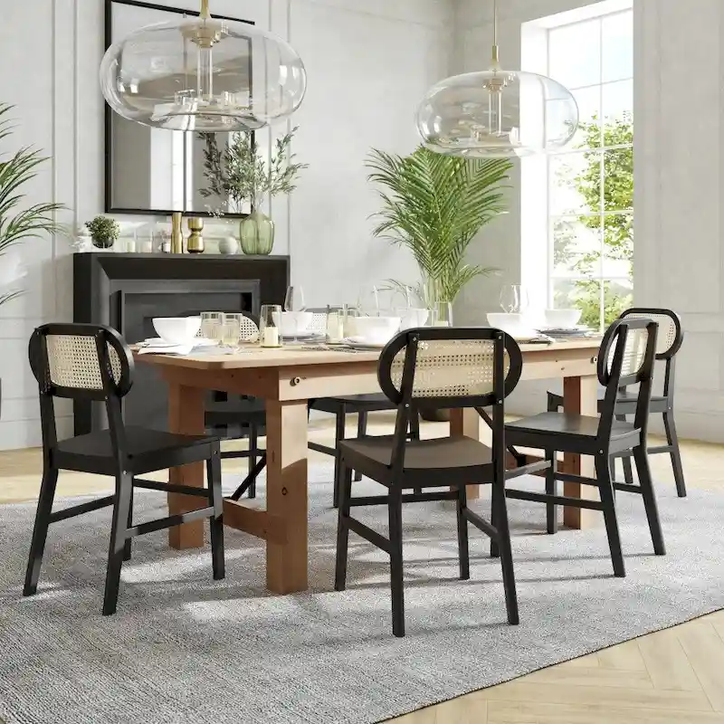 Set of 2 Cane Rattan Dining Chairs with Wood Frame