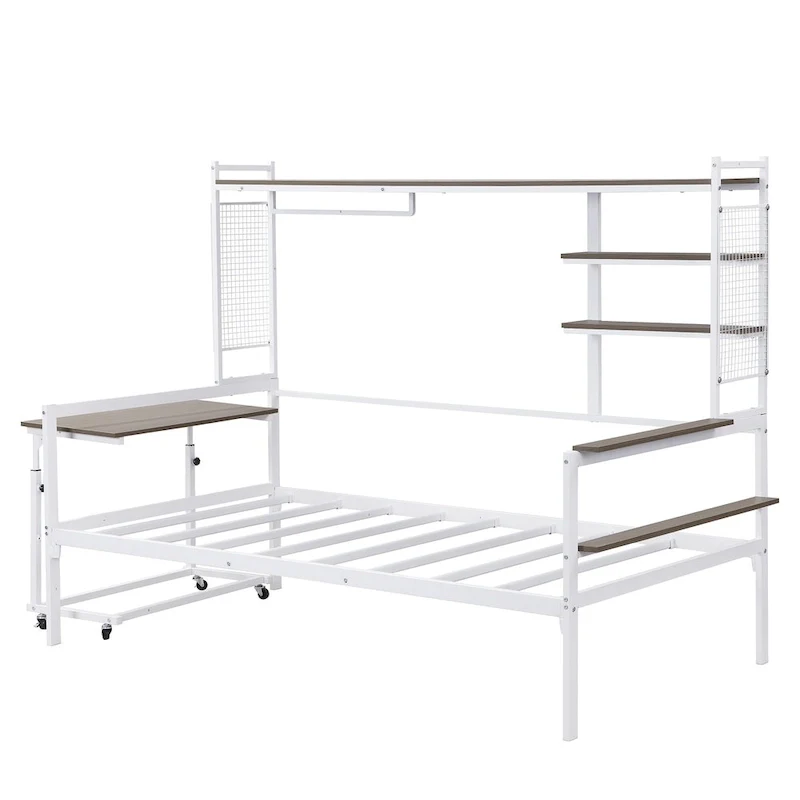 Metal Daybed with Movable Desk, Shelves and Clothes Hanger