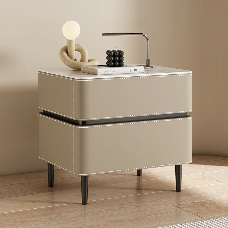 Modern Faux Marble Top Leather Rounded 2-Drawer Nightstand
