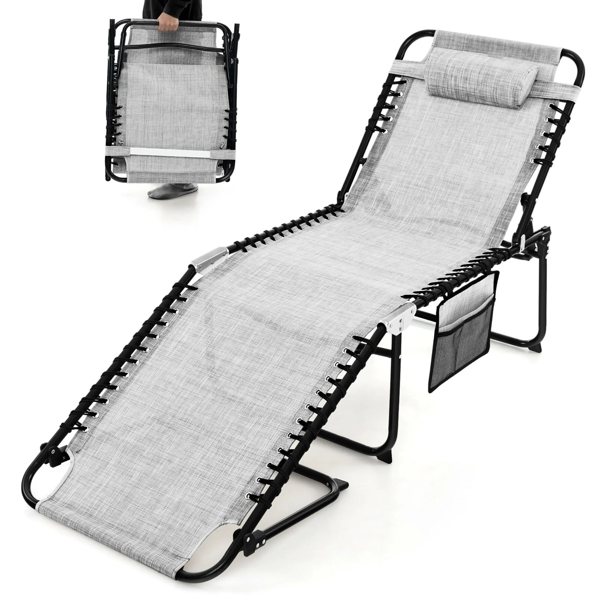 Gymax Folding Beach Lounger Chaise Lounge Chair w/ Pillow 4-Level