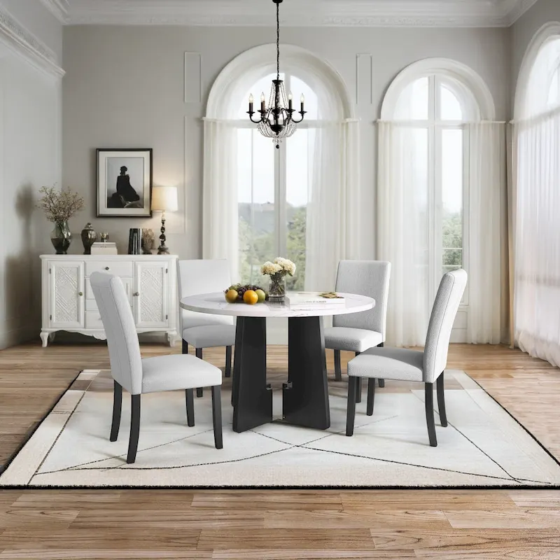 5 Piece Kitchen Table and Chairs Set, 4 People Round Dining Table Set, 4 Upholstered Chairs with Rubber Wood Legs