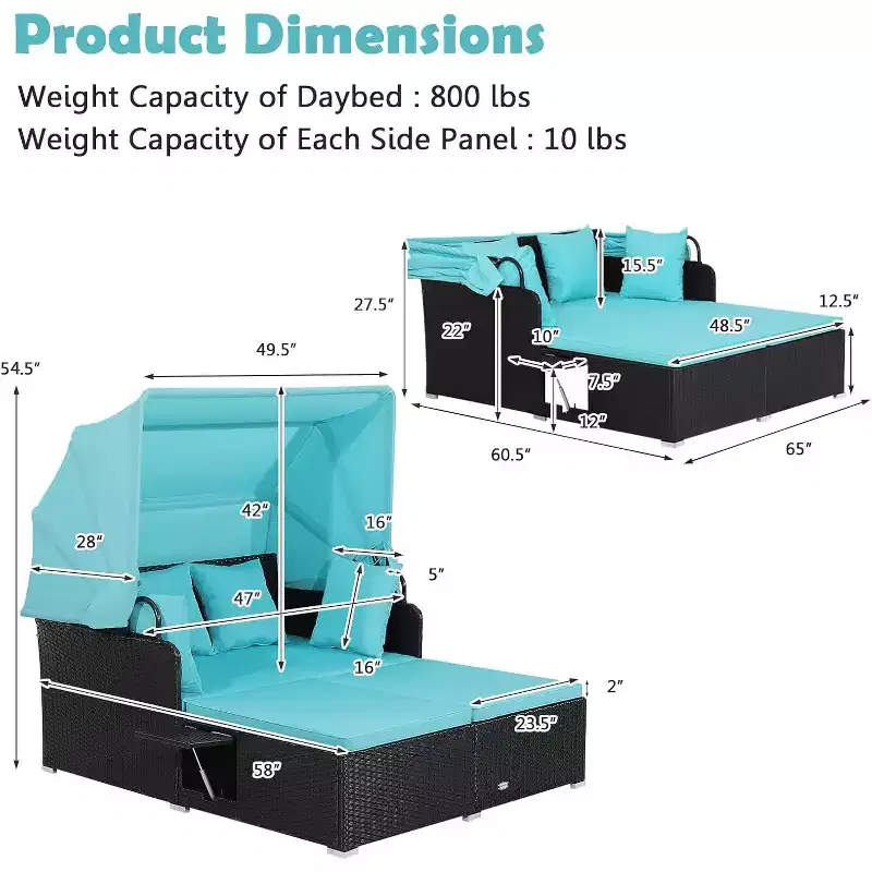 Costway Patio Rattan Daybed Lounge Retractable Top Canopy Side Tables Cushions Off White/Red/Turquoise/Beige