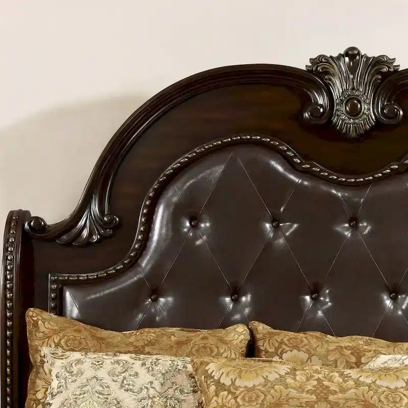 Traditional Solid Wood Sleigh Bed with Tufted Leatherette Headboard