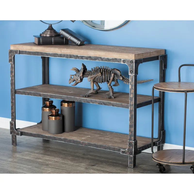 Brown Industrial Solid Wood & Metal Console Table with 3 Shelves - Single Use