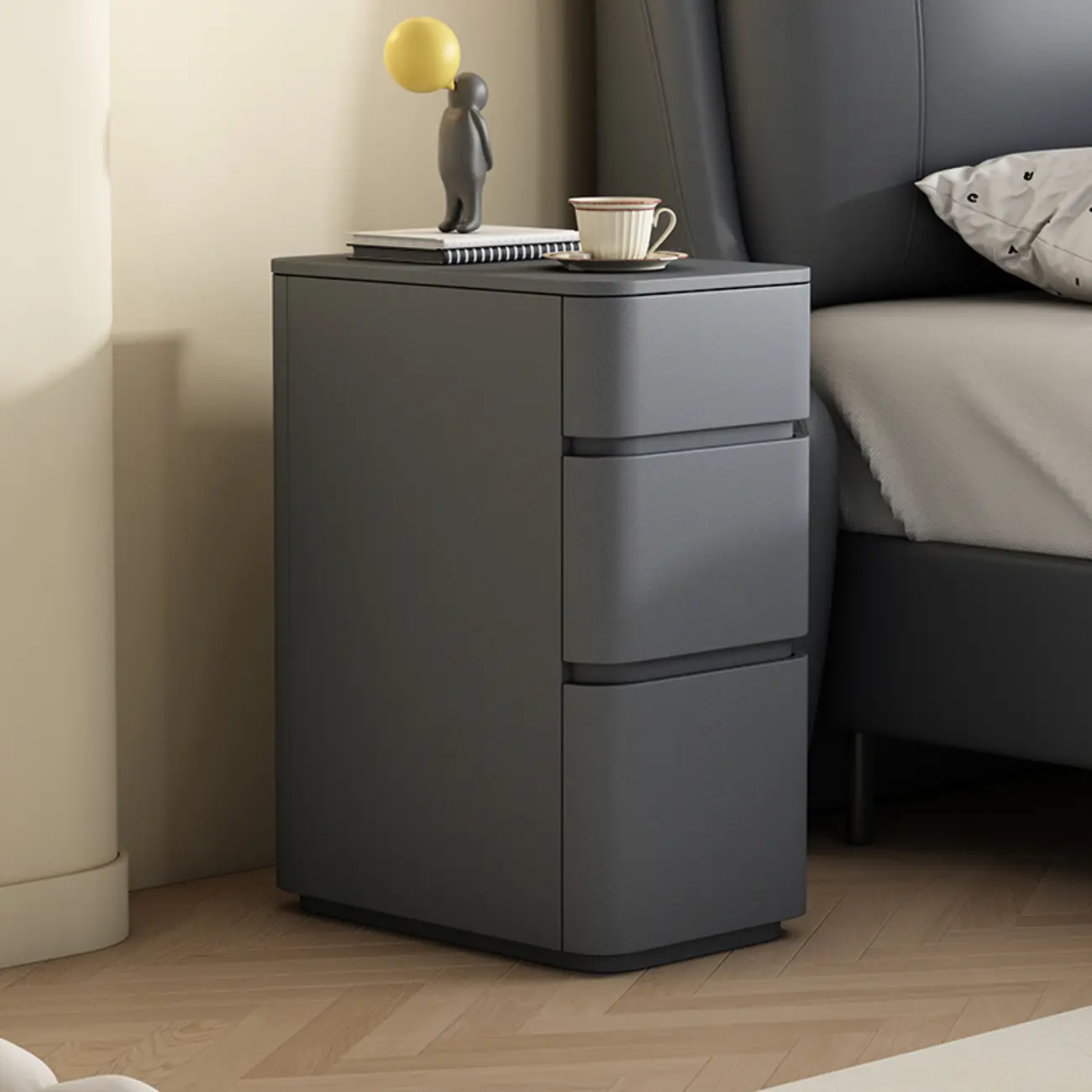 Narrow Leather Wood 3-Drawer Black Nightstand