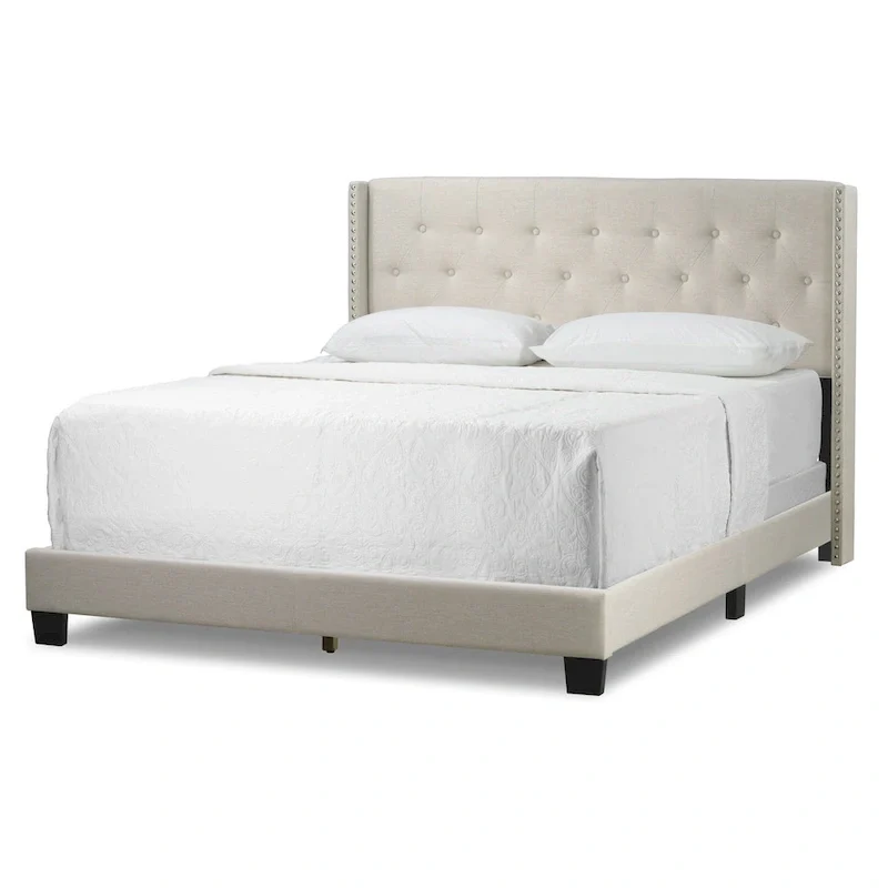 Beige Button Tufted Wingback Upholstered Bed – Twin / Queen / King