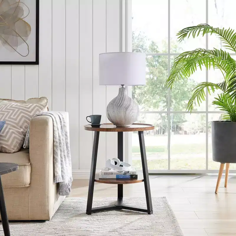 Danya B. 23.3"x19.7" Mason Round 2 Tier Mid-Century Side Accent Table with Modern Pedestal Legs Walnut/Black: Space-Saving, MDF Laminate