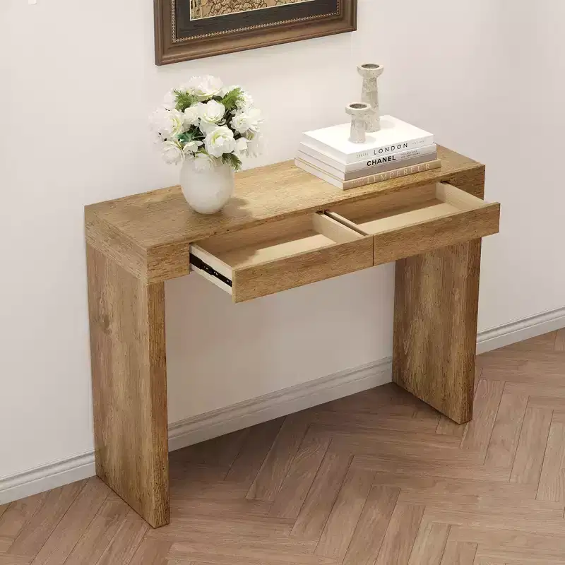 Okak Elegant Wood Grain Texture Veneer Console Table with 2 Drawers,Farmhouse Sofa Table Bar Table for Living Room,Hallway
