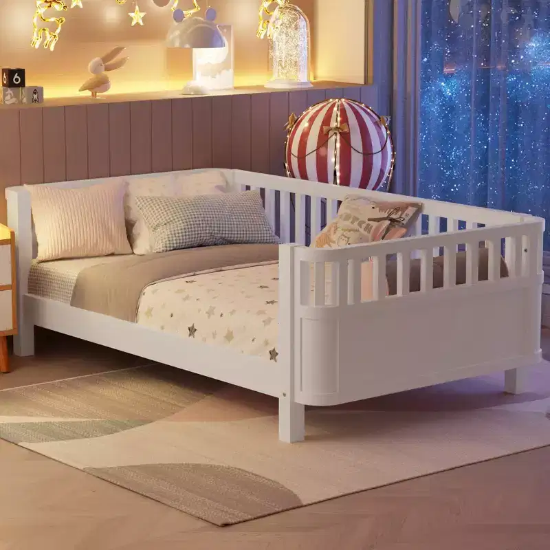 JVNOXK Twin Size Wood Platform Bed for Kids, Wood Low Profile Twin Bed with Rails for Girls and Boys, White
