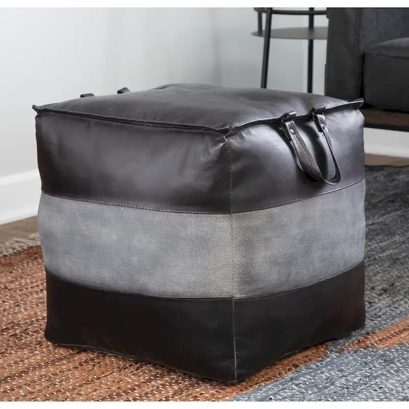 Industrial Pouf Ottoman in Leather and Canvas