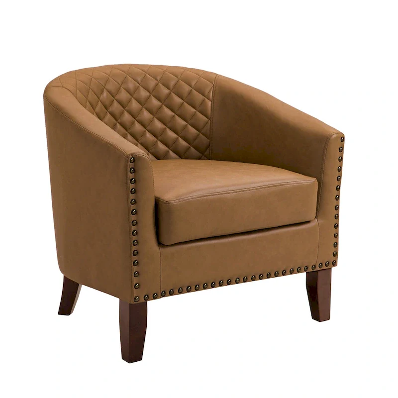 Modern Faux Leather Barrel Accent Chair with Wood Legs